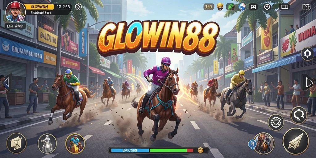 Gameplay GLOWIN88 dengan mobil balap yang cepat dan lintasan menantang.