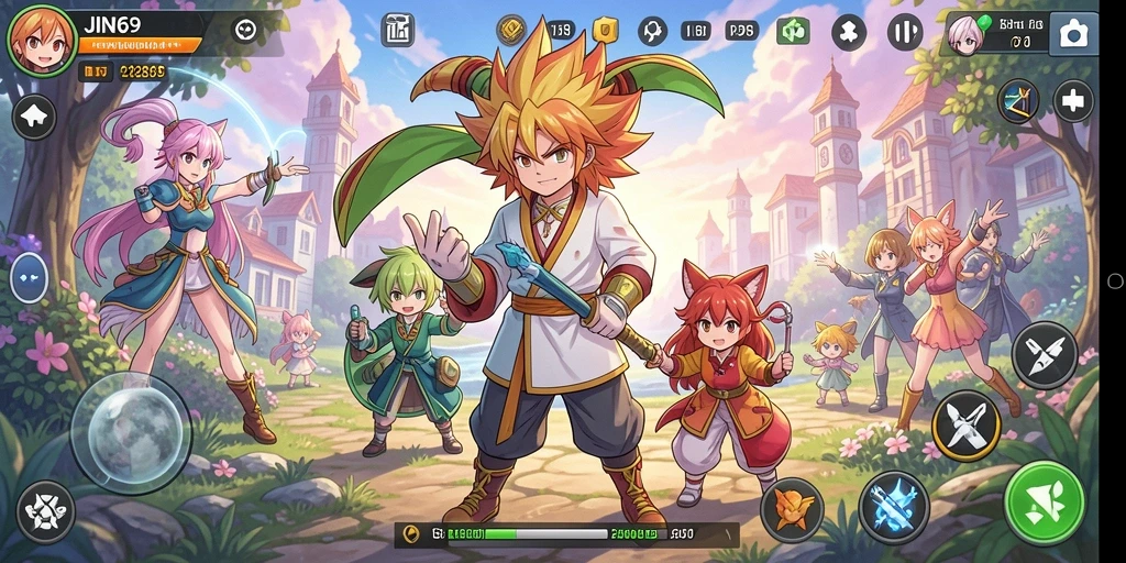 Tampilan gameplay yang menarik dalam JIN69 dengan karakter anime yang beraksi.