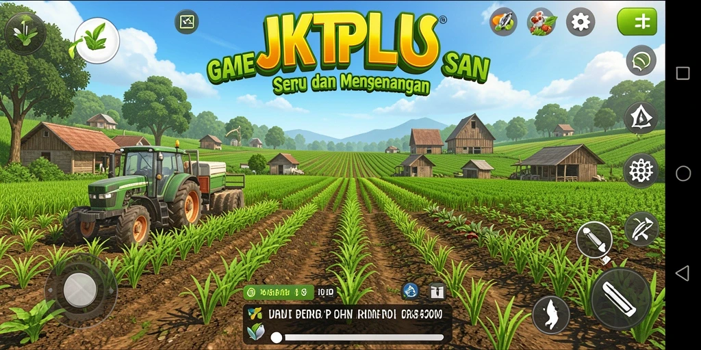 Tampilan gameplay JKTPLUS dengan suasana pertanian yang menarik.