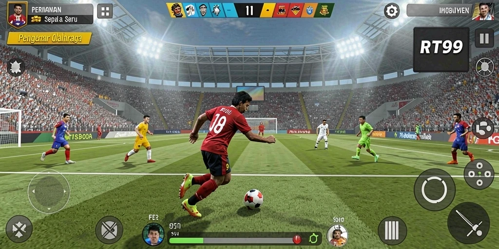 Screenshot utama RT99 menunjukkan gameplay menarik sepak bola.