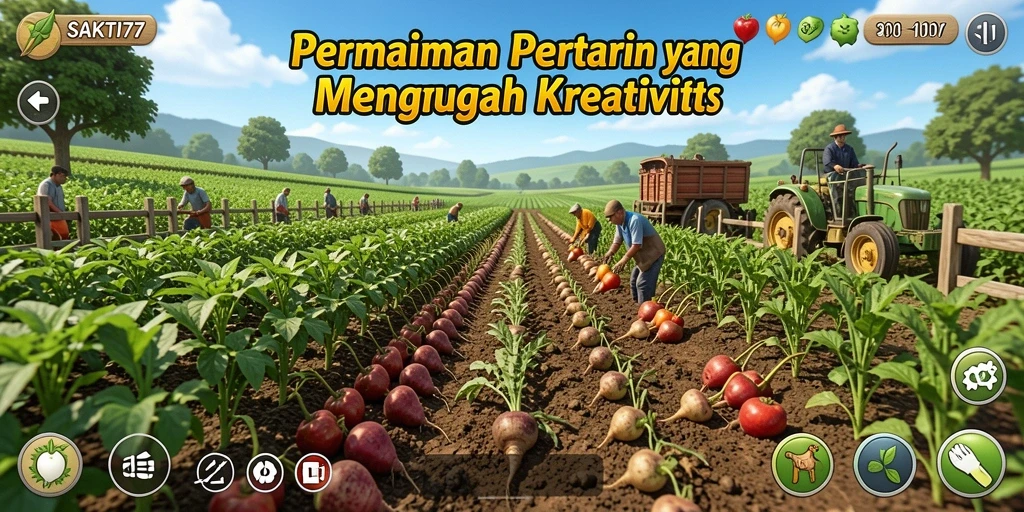 Tampilan gameplay SAKTI77 dengan ladang hijau subur dan aktivitas bertani.